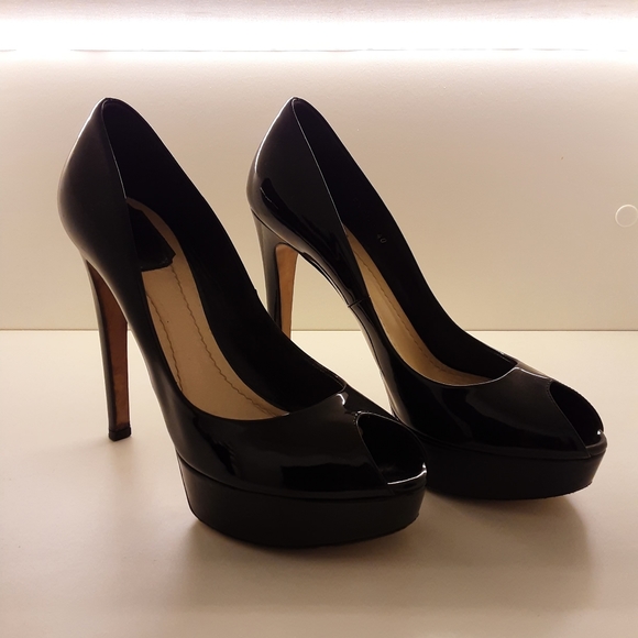 AUTHENTIC CHRISTIAN DIOR MISS DIOR PEEP TOE PUMPS IN BLACK PATENT 40 - Picture 3 of 8